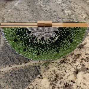 Crystal-Embellished Green Watermelon Clutch. Black-tie purse bag.